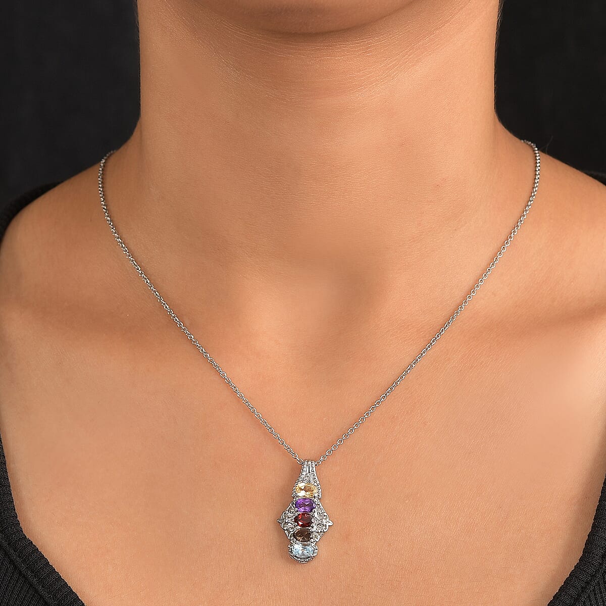 EverTrue Multi Gemstone 2.30 ctw Pendant Necklace in Stainless Steel 20 Inches image number 2