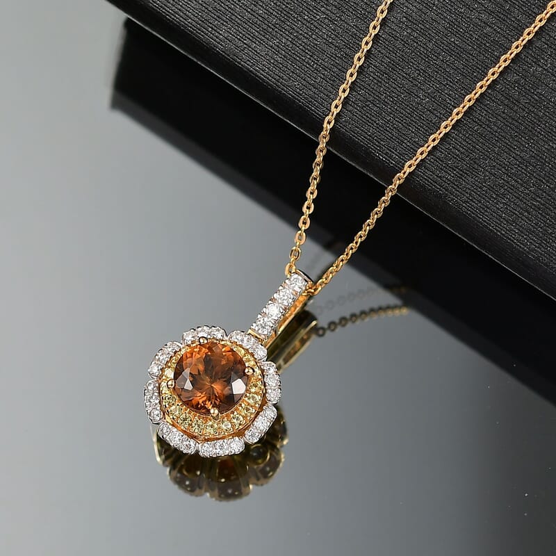D'Joy 100 Facet Golden Turkizite and Multi Gemstone 2.10 ctw Floral Pendant Necklace 20 Inches in 18K Vermeil Yellow Gold Over Sterling Silver