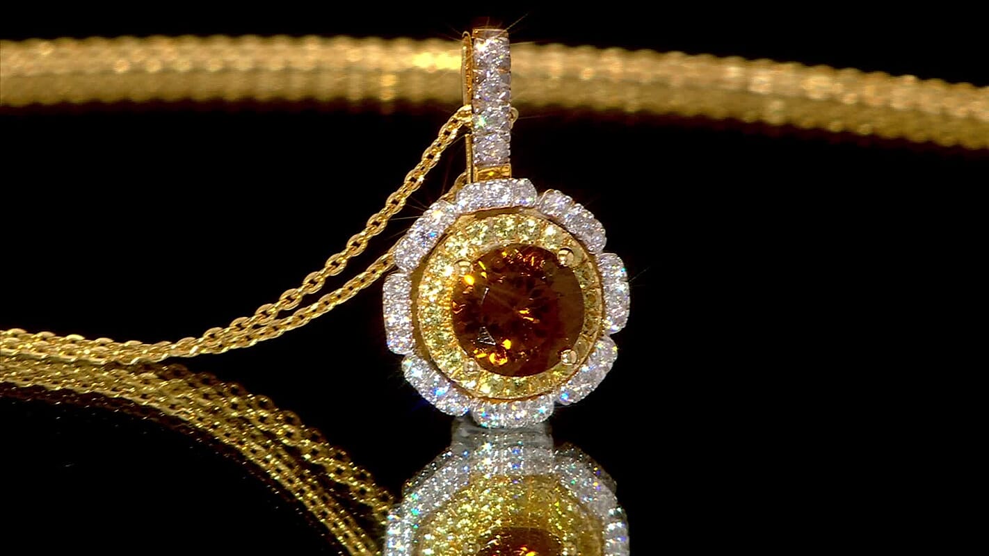 D'Joy 100 Facet Golden Turkizite and Multi Gemstone 2.10 ctw Floral Pendant Necklace 20 Inches in 18K Vermeil Yellow Gold Over Sterling Silver
