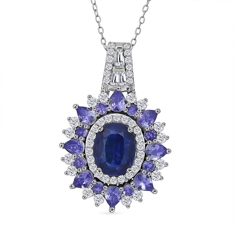 D'Joy Kashmir Kyanite and Multi Gemstone 4.90 ctw Fire Bloom Pendant Necklace in Rhodium Over Sterling Silver 20 Inches