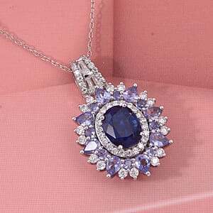 D'Joy Kashmir Kyanite and Multi Gemstone 4.90 ctw Fire Bloom Pendant Necklace in Rhodium Over Sterling Silver 20 Inches 