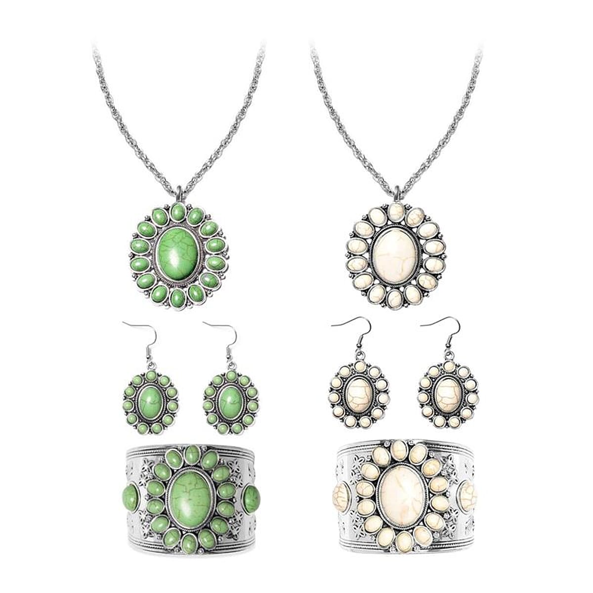 8 Piece Set - Constituted White and Green Howlite Floral Cuff Bracelet (7.50-8.50 in), Earrings and Pendant Necklace (26-30 Inches) in Silvertone 336.00 ctw (Del. In 10-12 Days) image number 0