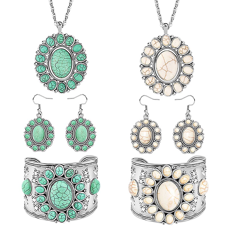 8 Piece Set - Constituted White and Green Howlite Floral Cuff Bracelet (7.50-8.50 in), Earrings and Pendant Necklace (26-30 Inches) in Silvertone 336.00 ctw (Del. In 10-12 Days)