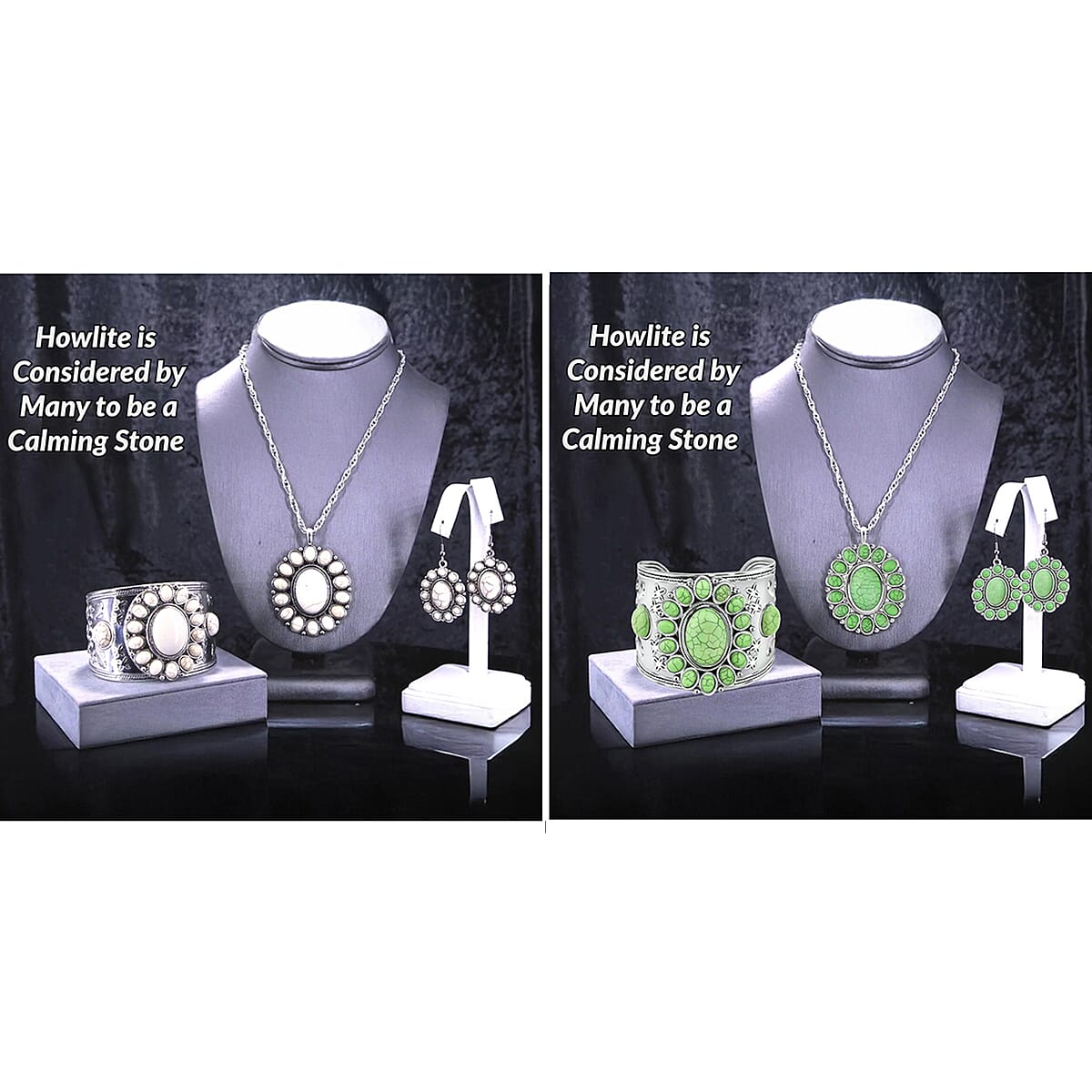 8 Piece Set - Constituted White and Green Howlite Floral Cuff Bracelet (7.50-8.50 in), Earrings and Pendant Necklace (26-30 Inches) in Silvertone 336.00 ctw (Del. In 10-12 Days) image number 1