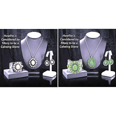 8 Piece Set - Constituted White and Green Howlite Floral Cuff Bracelet (7.50-8.50 in), Earrings and Pendant Necklace (26-30 Inches) in Silvertone 336.00 ctw (Del. In 10-12 Days)
