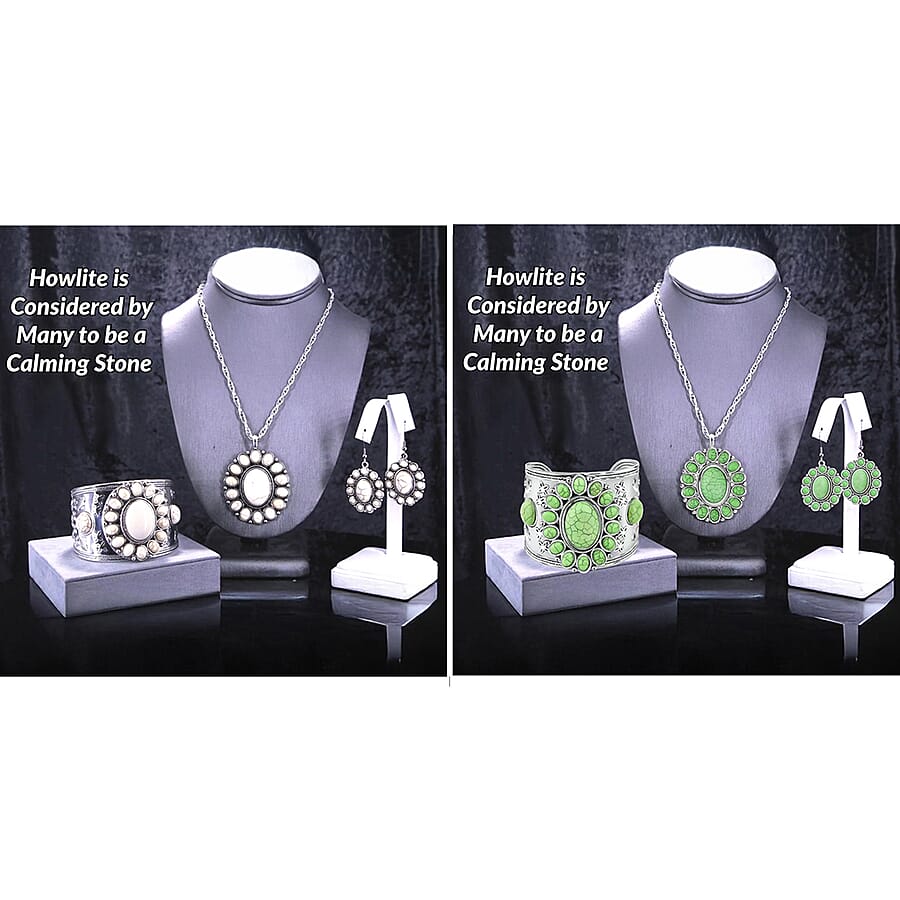 8 Piece Set - Constituted White and Green Howlite Floral Cuff Bracelet (7.50-8.50 in), Earrings and Pendant Necklace (26-30 Inches) in Silvertone 336.00 ctw (Del. In 10-12 Days)