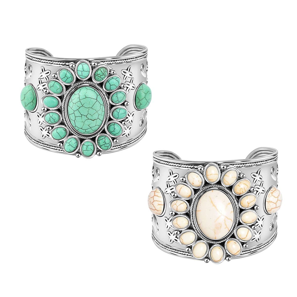 8 Piece Set - Constituted White and Green Howlite Floral Cuff Bracelet (7.50-8.50 in), Earrings and Pendant Necklace (26-30 Inches) in Silvertone 336.00 ctw (Del. In 10-12 Days) image number 3
