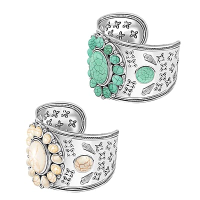 8 Piece Set - Constituted White and Green Howlite Floral Cuff Bracelet (7.50-8.50 in), Earrings and Pendant Necklace (26-30 Inches) in Silvertone 336.00 ctw (Del. In 10-12 Days)