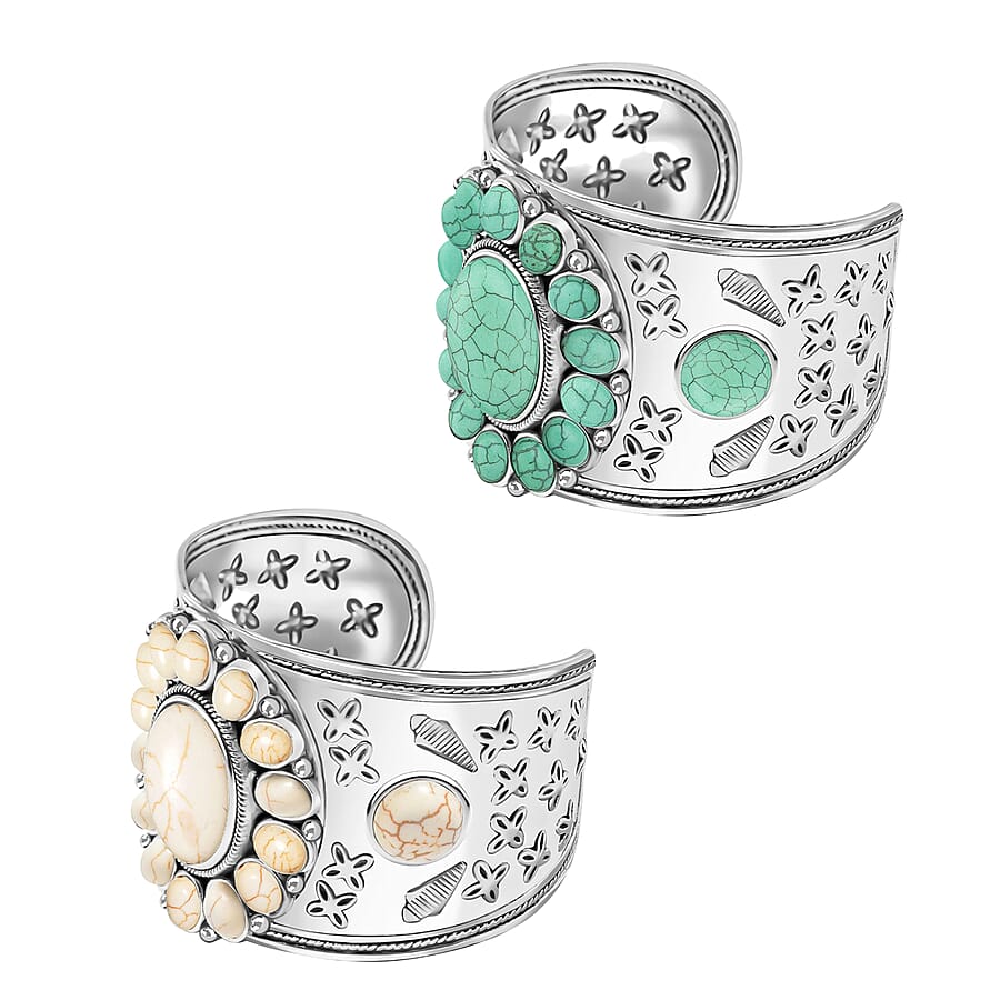 8 Piece Set - Constituted White and Green Howlite Floral Cuff Bracelet (7.50-8.50 in), Earrings and Pendant Necklace (26-30 Inches) in Silvertone 336.00 ctw (Del. In 10-12 Days)