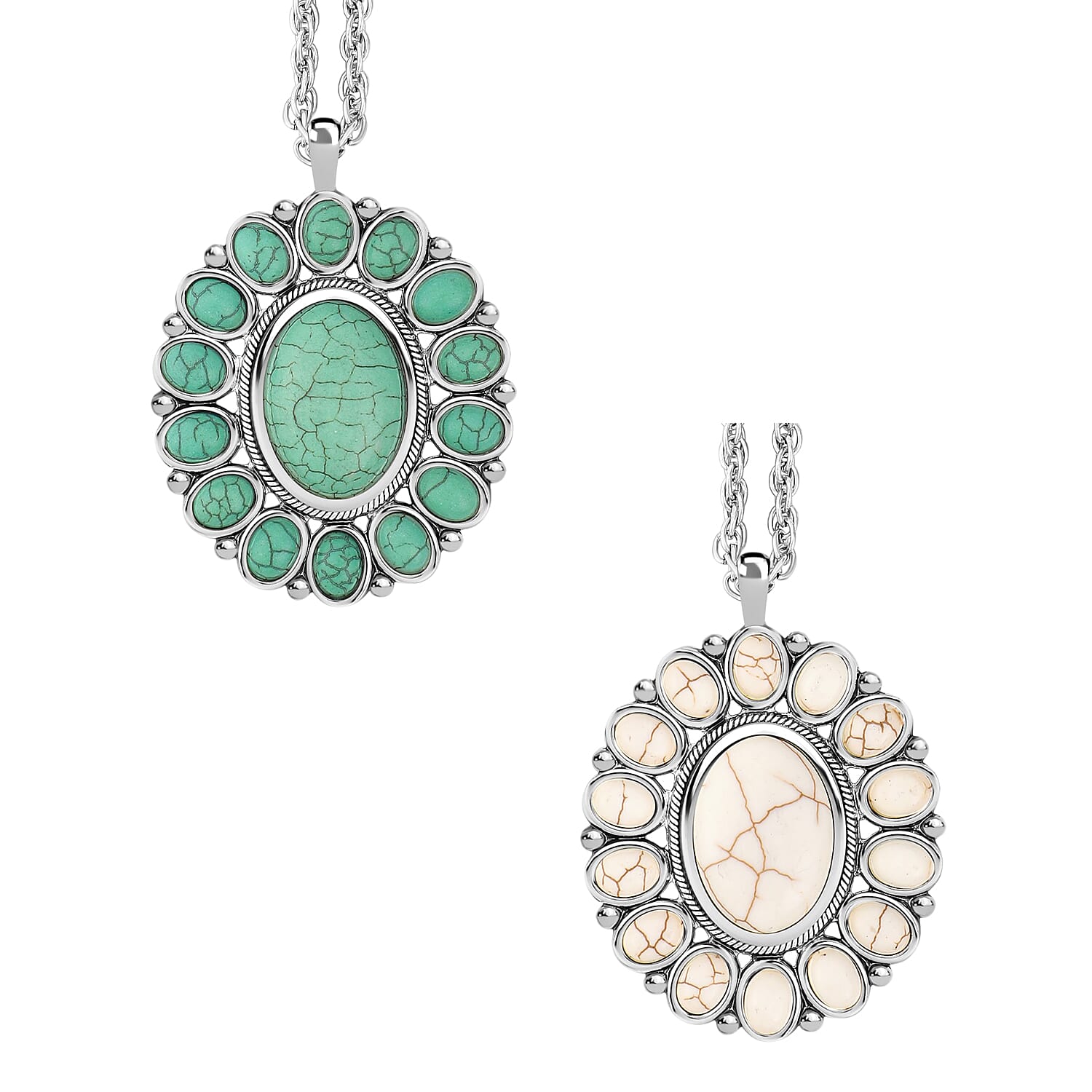 8 Piece Set - Constituted White and Green Howlite Floral Cuff Bracelet (7.50-8.50 in), Earrings and Pendant Necklace (26-30 Inches) in Silvertone 336.00 ctw (Del. In 10-12 Days)