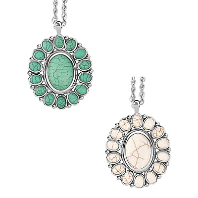 8 Piece Set - Constituted White and Green Howlite Floral Cuff Bracelet (7.50-8.50 in), Earrings and Pendant Necklace (26-30 Inches) in Silvertone 336.00 ctw (Del. In 10-12 Days)