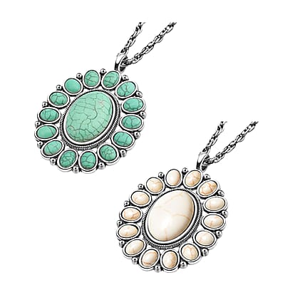 8 Piece Set - Constituted White and Green Howlite Floral Cuff Bracelet (7.50-8.50 in), Earrings and Pendant Necklace (26-30 Inches) in Silvertone 336.00 ctw (Del. In 10-12 Days)