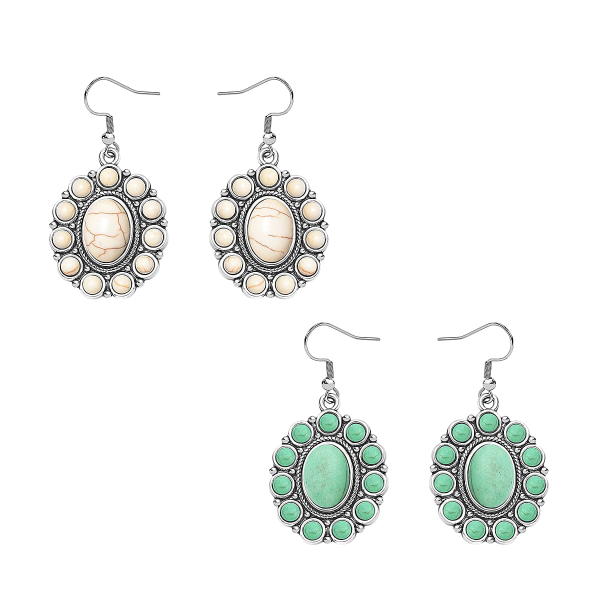 8 Piece Set - Constituted White and Green Howlite Floral Cuff Bracelet (7.50-8.50 in), Earrings and Pendant Necklace (26-30 Inches) in Silvertone 336.00 ctw (Del. In 10-12 Days) image number 8