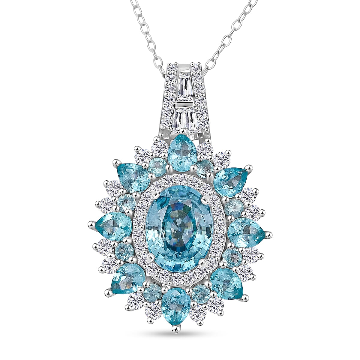 D'Joy Cambodian Blue Zircon and Multi Gemstone 5.35 ctw Fire Bloom Pendant Necklace in Rhodium Over Sterling Silver 20 Inches  image number 0