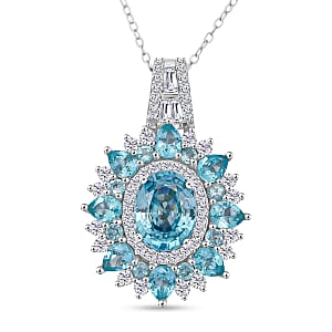 D'Joy Cambodian Blue Zircon and Multi Gemstone 5.35 ctw Fire Bloom Pendant Necklace in Rhodium Over Sterling Silver 20 Inches 