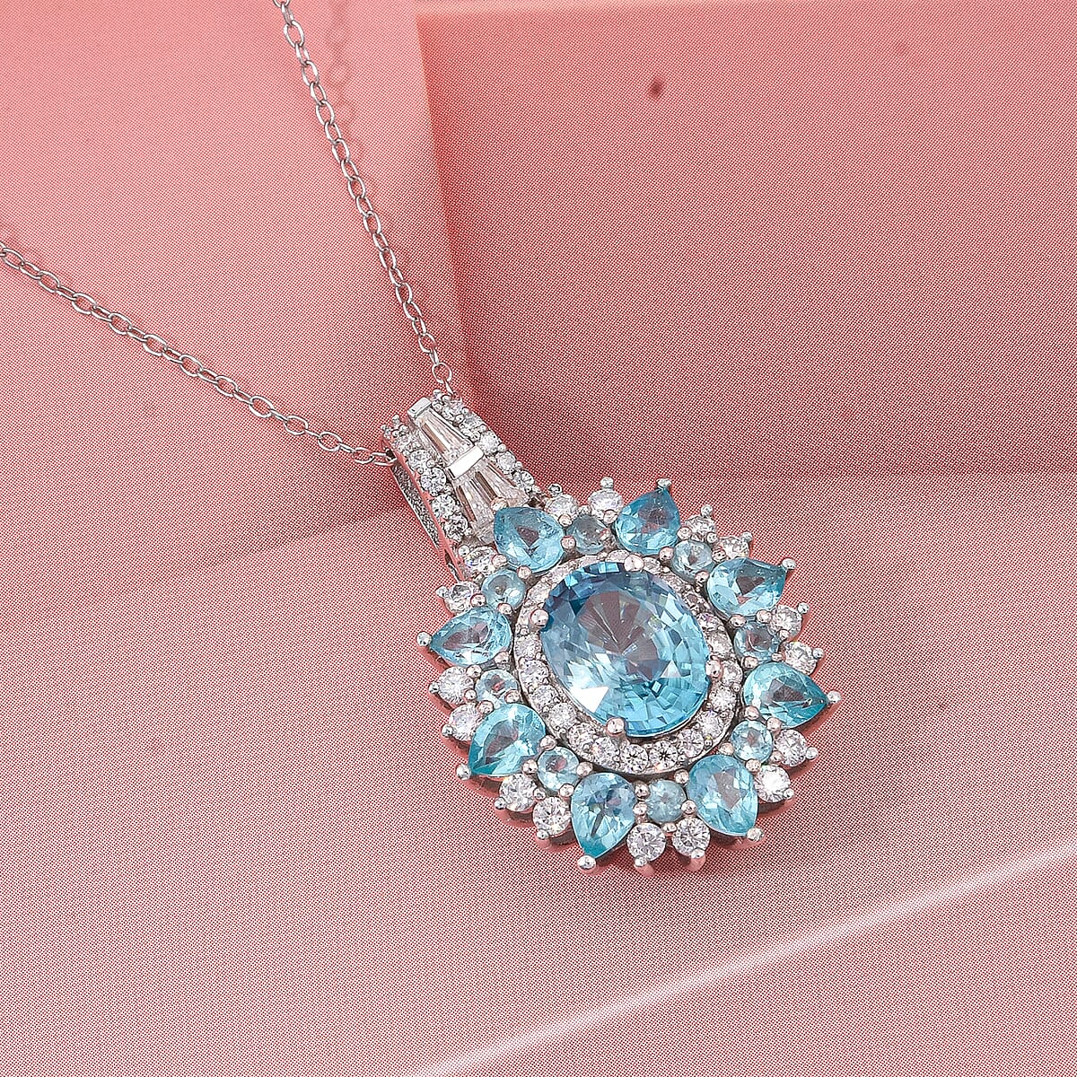 D'Joy Cambodian Blue Zircon and Multi Gemstone 5.35 ctw Fire Bloom Pendant Necklace in Rhodium Over Sterling Silver 20 Inches  image number 1