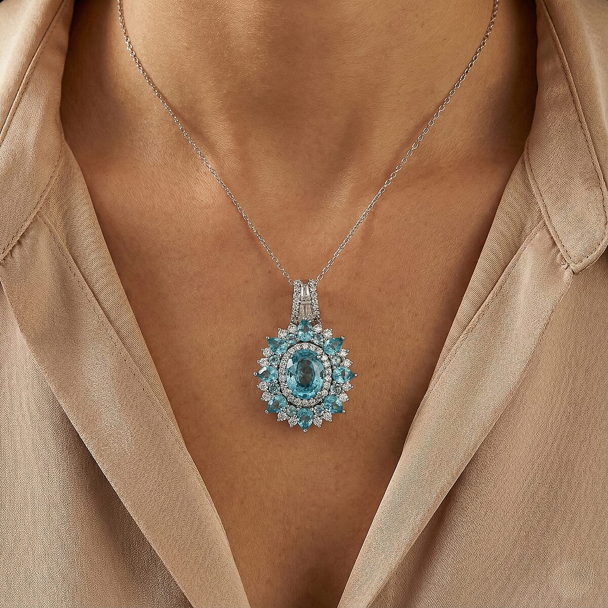 D'Joy Cambodian Blue Zircon and Multi Gemstone 5.35 ctw Fire Bloom Pendant Necklace in Rhodium Over Sterling Silver 20 Inches  image number 2