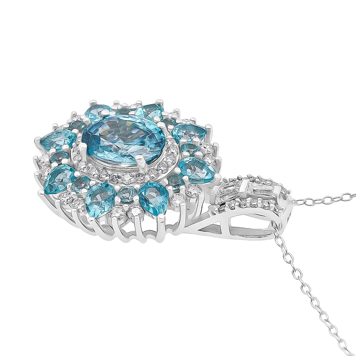 D'Joy Cambodian Blue Zircon and Multi Gemstone 5.35 ctw Fire Bloom Pendant Necklace in Rhodium Over Sterling Silver 20 Inches  image number 3
