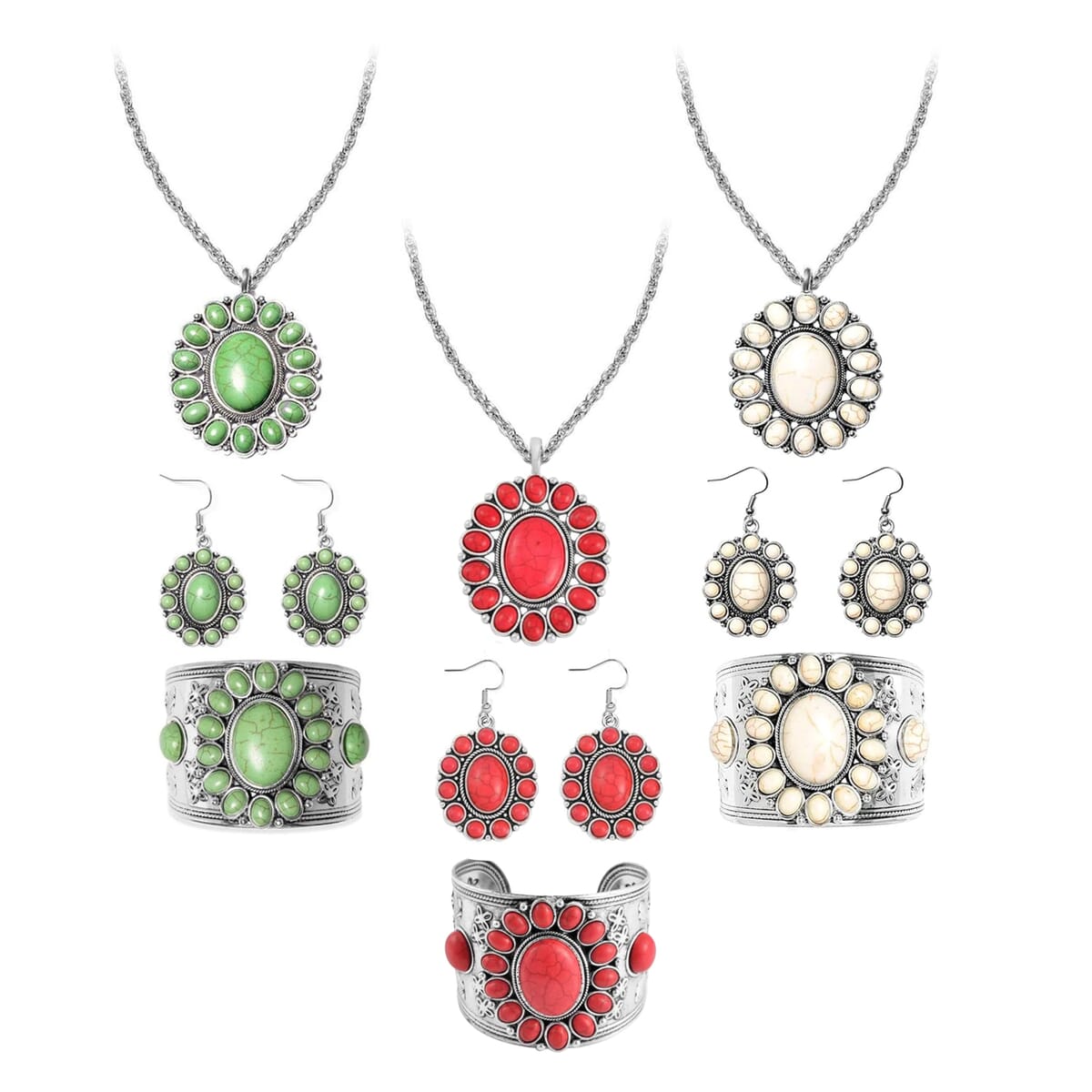 12 Piece Set - Multi Color Howlite Floral Cuff Bracelet (7.50-8.50 in), Earrings and Pendant Necklace (26-30 Inches) in Silvertone 555.00 ctw image number 0