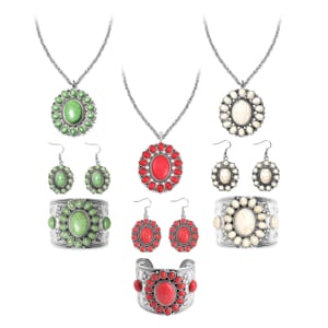12 Piece Set - Multi Color Howlite Floral Cuff Bracelet (7.50-8.50 in), Earrings and Pendant Necklace (26-30 Inches) in Silvertone 555.00 ctw