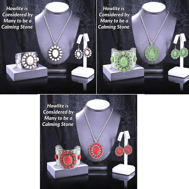 12 Piece Set - Constituted Multi Color Howlite Floral Cuff Bracelet (7.50-8.50 in), Earrings and Pendant Necklace (26-30 Inches) in Silvertone 555.00 ctw (Del. In 10-12 Days)