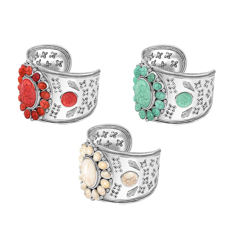 12 Piece Set - Constituted Multi Color Howlite Floral Cuff Bracelet (7.50-8.50 in), Earrings and Pendant Necklace (26-30 Inches) in Silvertone 555.00 ctw (Del. In 10-12 Days)