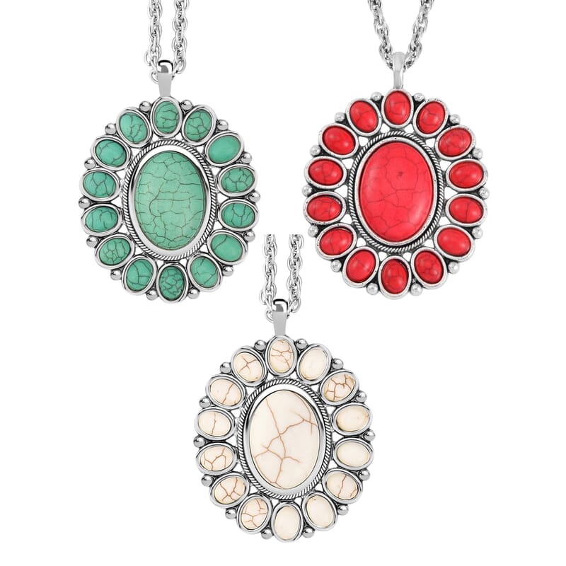 12 Piece Set - Constituted Multi Color Howlite Floral Cuff Bracelet (7.50-8.50 in), Earrings and Pendant Necklace (26-30 Inches) in Silvertone 555.00 ctw (Del. In 10-12 Days)