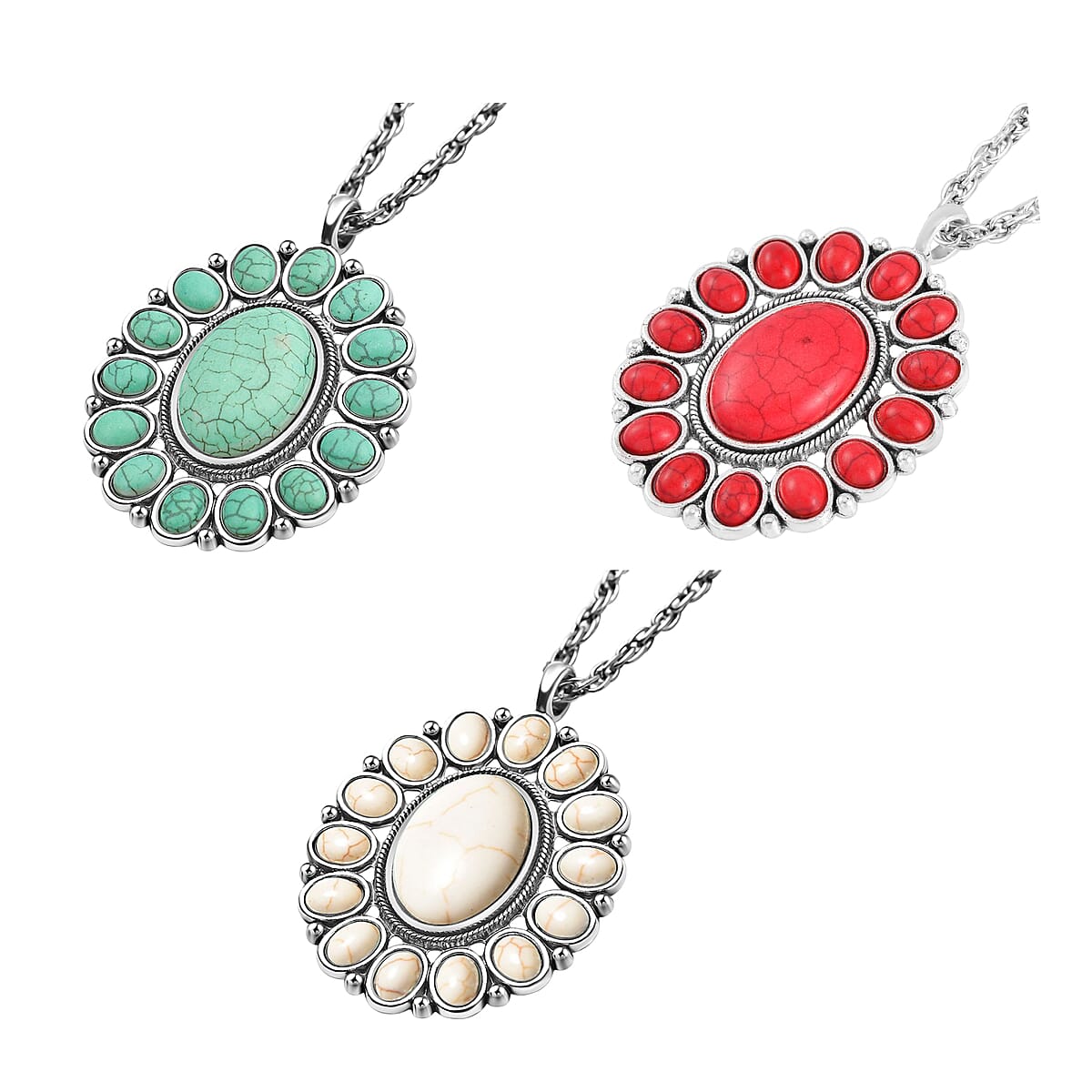 12 Piece Set - Constituted Multi Color Howlite Floral Cuff Bracelet (7.50-8.50 in), Earrings and Pendant Necklace (26-30 Inches) in Silvertone 555.00 ctw (Del. In 10-12 Days) image number 7