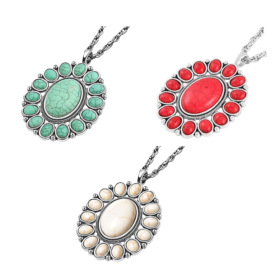 12 Piece Set - Constituted Multi Color Howlite Floral Cuff Bracelet (7.50-8.50 in), Earrings and Pendant Necklace (26-30 Inches) in Silvertone 555.00 ctw (Del. In 10-12 Days)