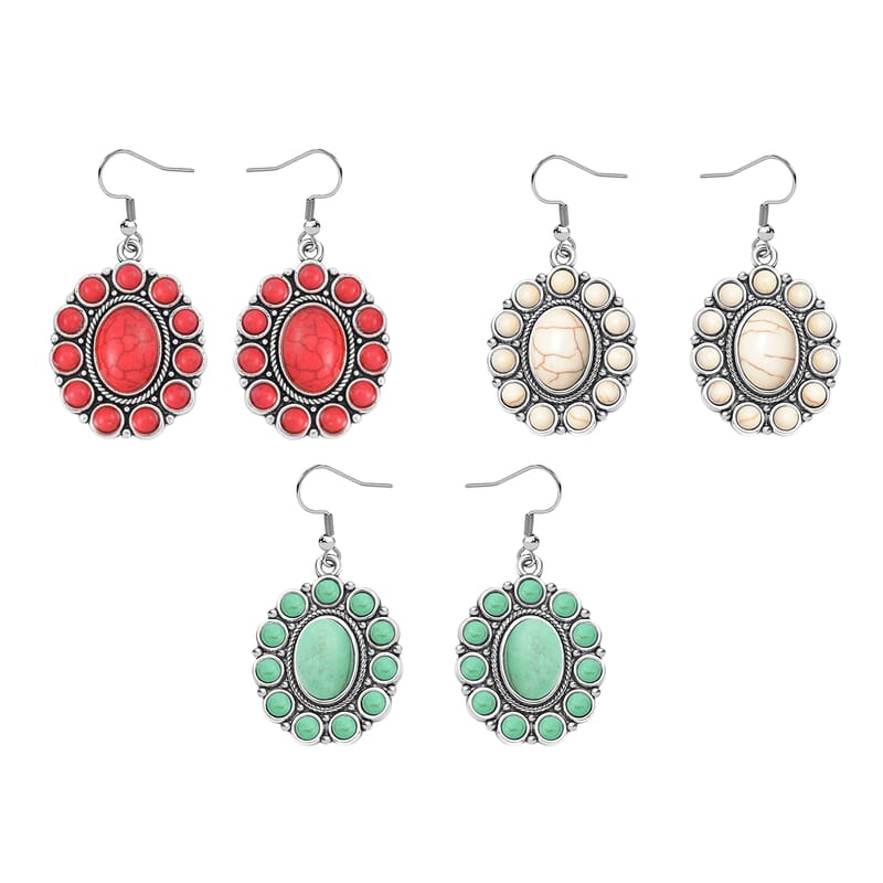 12 Piece Set - Constituted Multi Color Howlite Floral Cuff Bracelet (7.50-8.50 in), Earrings and Pendant Necklace (26-30 Inches) in Silvertone 555.00 ctw (Del. In 10-12 Days)