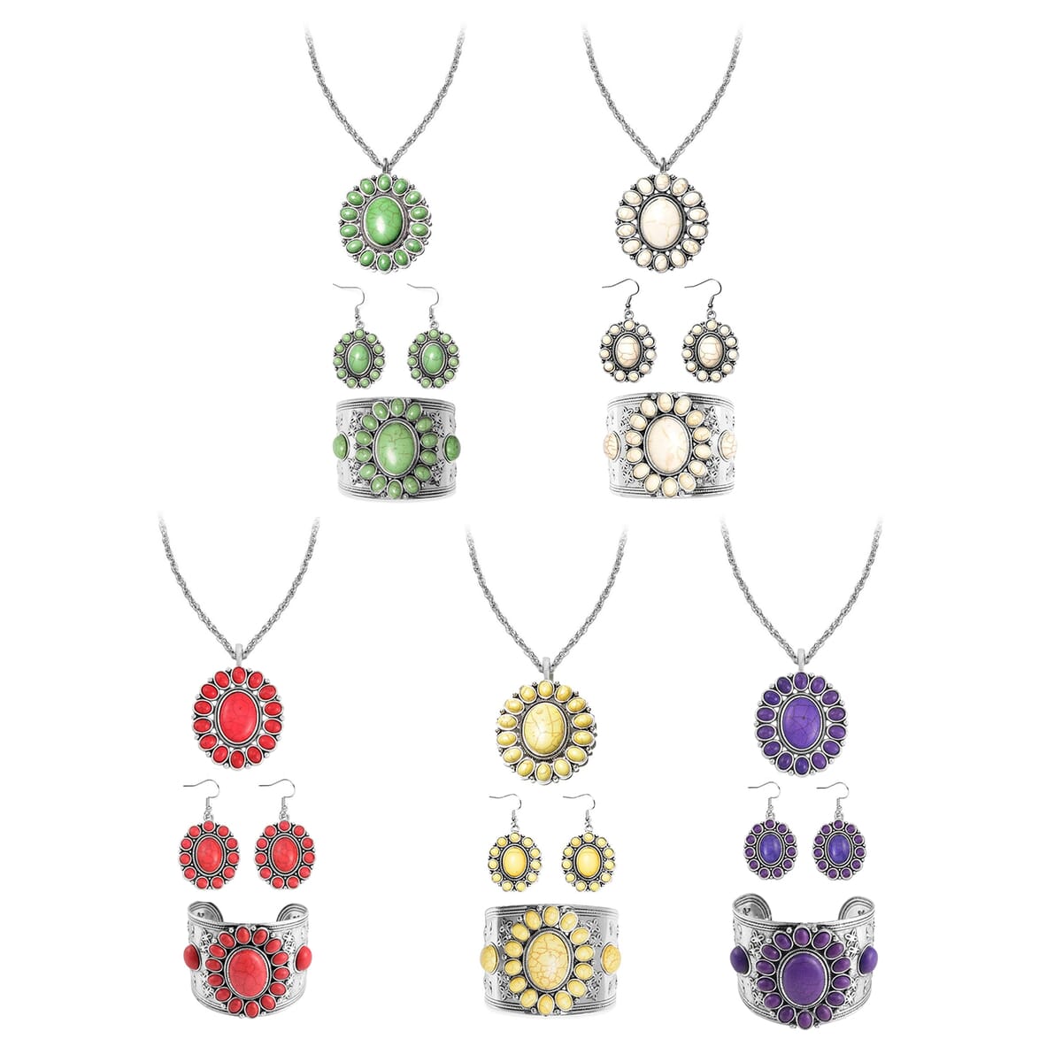 20 Piece Set - Multi Color Howlite Floral Cuff Bracelet (7.50-8.50 in), Earrings and Pendant Necklace (26-30 Inches) in Silvertone 913.00 ctw image number 0