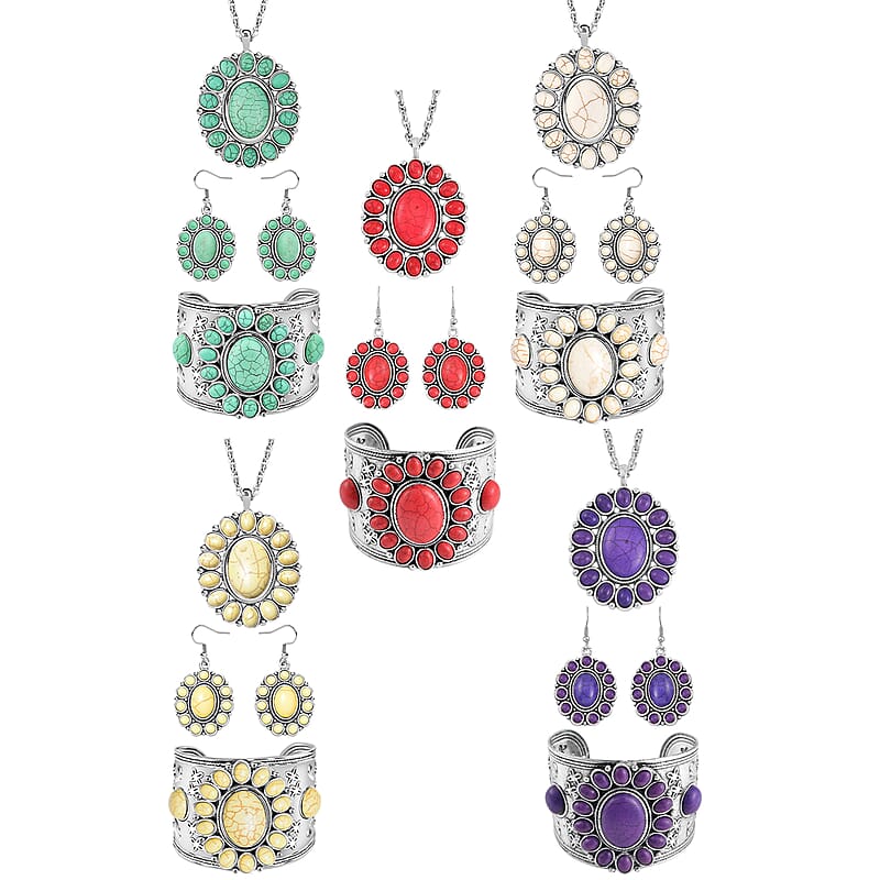20 Piece Set - Constituted Multi Color Howlite Floral Cuff Bracelet (7.50-8.50 in), Earrings and Pendant Necklace (26-30 Inches) in Silvertone 913.00 ctw (Del. In 10-12 Days)