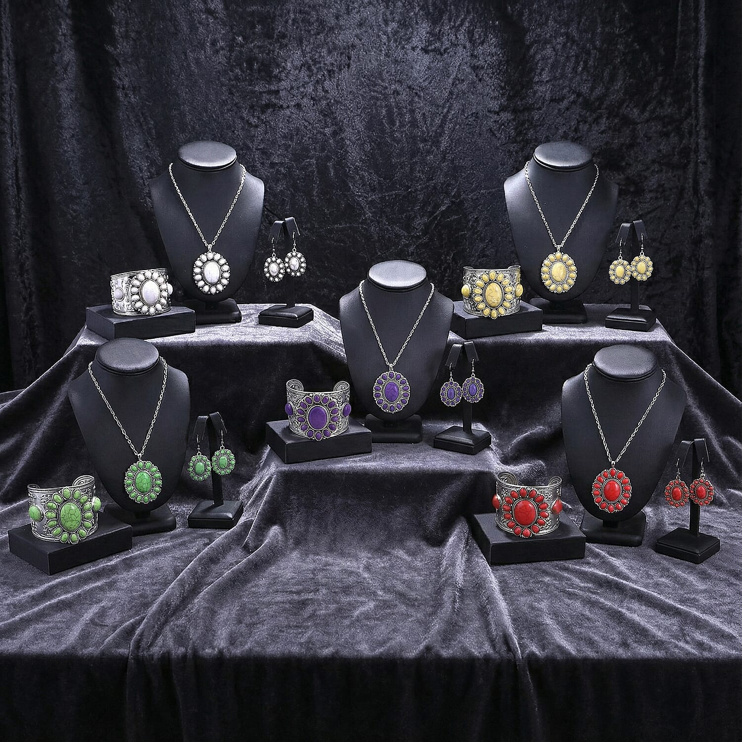 20 Piece Set - Constituted Multi Color Howlite Floral Cuff Bracelet (7.50-8.50 in), Earrings and Pendant Necklace (26-30 Inches) in Silvertone 913.00 ctw (Del. In 10-12 Days)