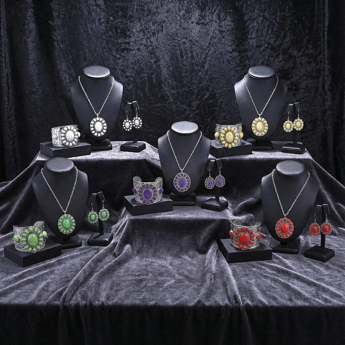 20 Piece Set - Constituted Multi Color Howlite Floral Cuff Bracelet (7.50-8.50 in), Earrings and Pendant Necklace (26-30 Inches) in Silvertone 913.00 ctw (Del. In 10-12 Days) image number 1