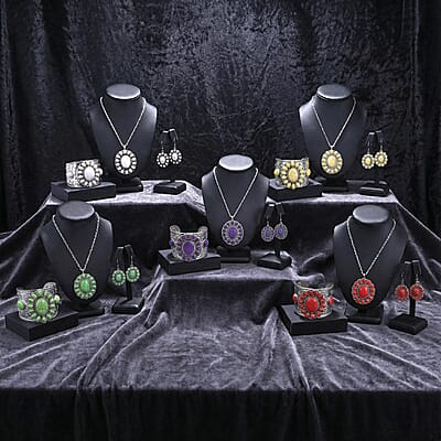 20 Piece Set - Constituted Multi Color Howlite Floral Cuff Bracelet (7.50-8.50 in), Earrings and Pendant Necklace (26-30 Inches) in Silvertone 913.00 ctw (Del. In 10-12 Days)