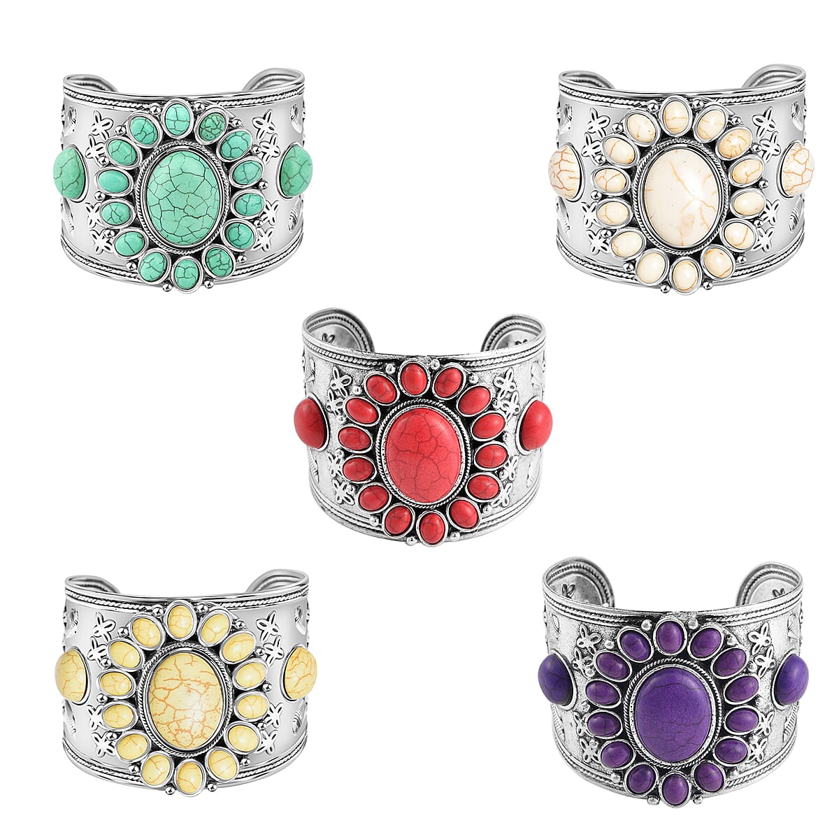 20 Piece Set - Constituted Multi Color Howlite Floral Cuff Bracelet (7.50-8.50 in), Earrings and Pendant Necklace (26-30 Inches) in Silvertone 913.00 ctw (Del. In 10-12 Days) image number 3
