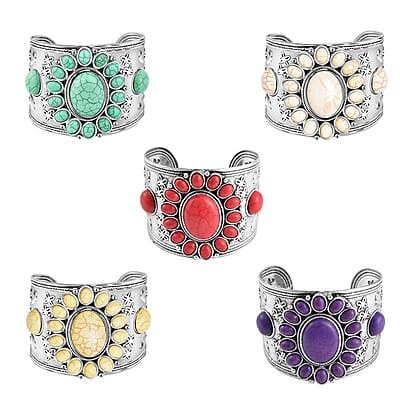 20 Piece Set - Constituted Multi Color Howlite Floral Cuff Bracelet (7.50-8.50 in), Earrings and Pendant Necklace (26-30 Inches) in Silvertone 913.00 ctw (Del. In 10-12 Days)