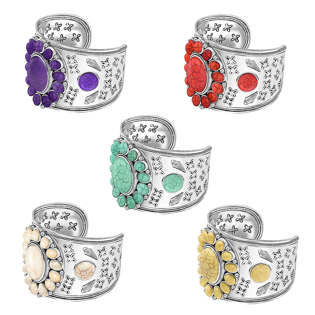 20 Piece Set - Constituted Multi Color Howlite Floral Cuff Bracelet (7.50-8.50 in), Earrings and Pendant Necklace (26-30 Inches) in Silvertone 913.00 ctw (Del. In 10-12 Days) image number 4