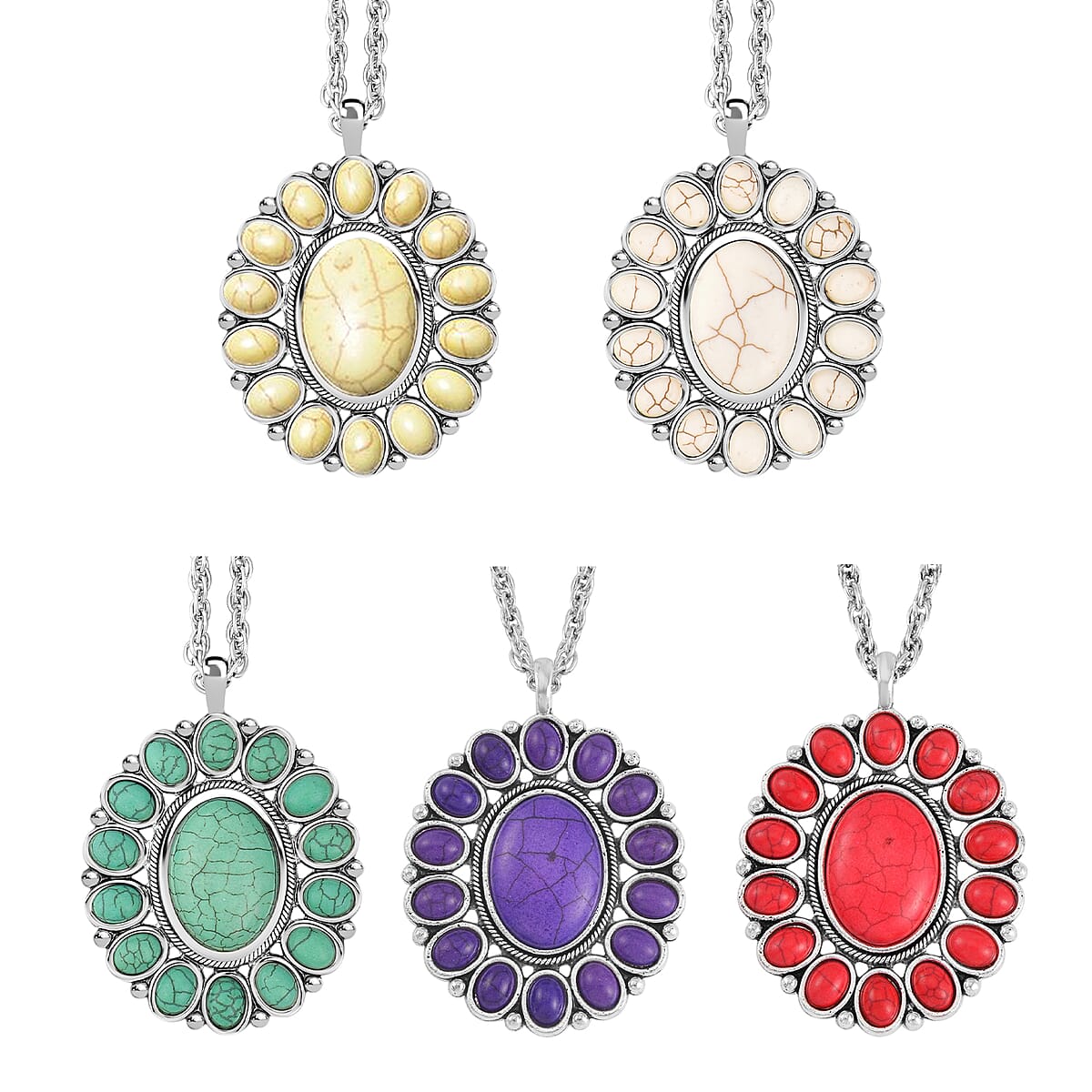 20 Piece Set - Constituted Multi Color Howlite Floral Cuff Bracelet (7.50-8.50 in), Earrings and Pendant Necklace (26-30 Inches) in Silvertone 913.00 ctw (Del. In 10-12 Days) image number 6