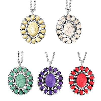 20 Piece Set - Constituted Multi Color Howlite Floral Cuff Bracelet (7.50-8.50 in), Earrings and Pendant Necklace (26-30 Inches) in Silvertone 913.00 ctw (Del. In 10-12 Days)