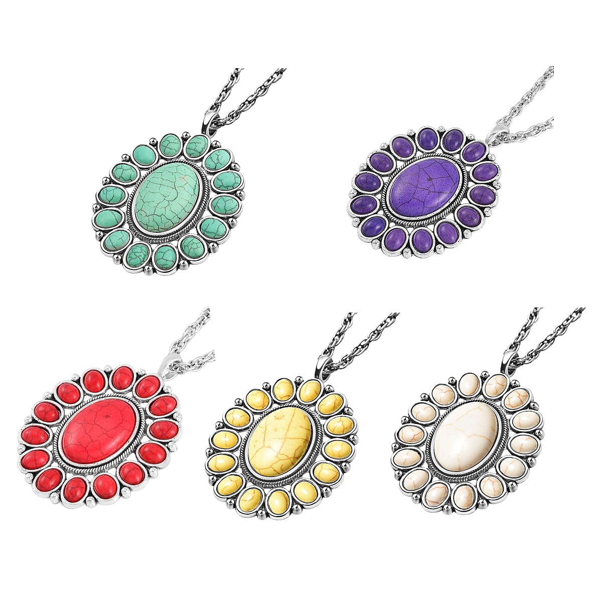 20 Piece Set - Constituted Multi Color Howlite Floral Cuff Bracelet (7.50-8.50 in), Earrings and Pendant Necklace (26-30 Inches) in Silvertone 913.00 ctw (Del. In 10-12 Days) image number 7