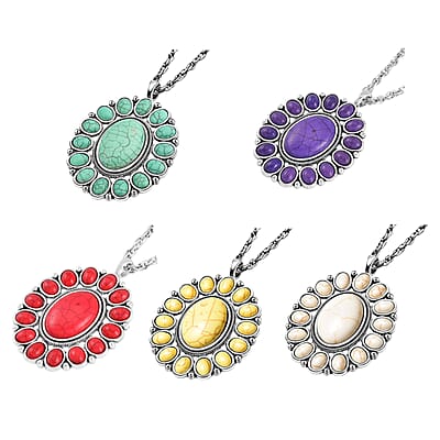 20 Piece Set - Constituted Multi Color Howlite Floral Cuff Bracelet (7.50-8.50 in), Earrings and Pendant Necklace (26-30 Inches) in Silvertone 913.00 ctw (Del. In 10-12 Days)