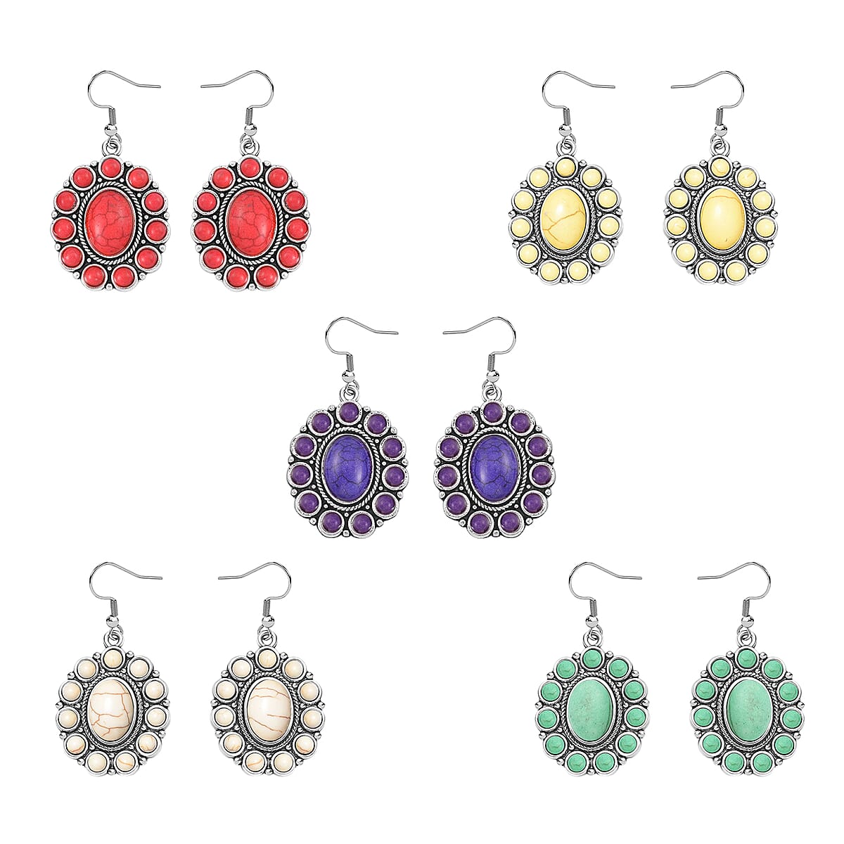 20 Piece Set - Constituted Multi Color Howlite Floral Cuff Bracelet (7.50-8.50 in), Earrings and Pendant Necklace (26-30 Inches) in Silvertone 913.00 ctw (Del. In 10-12 Days) image number 8