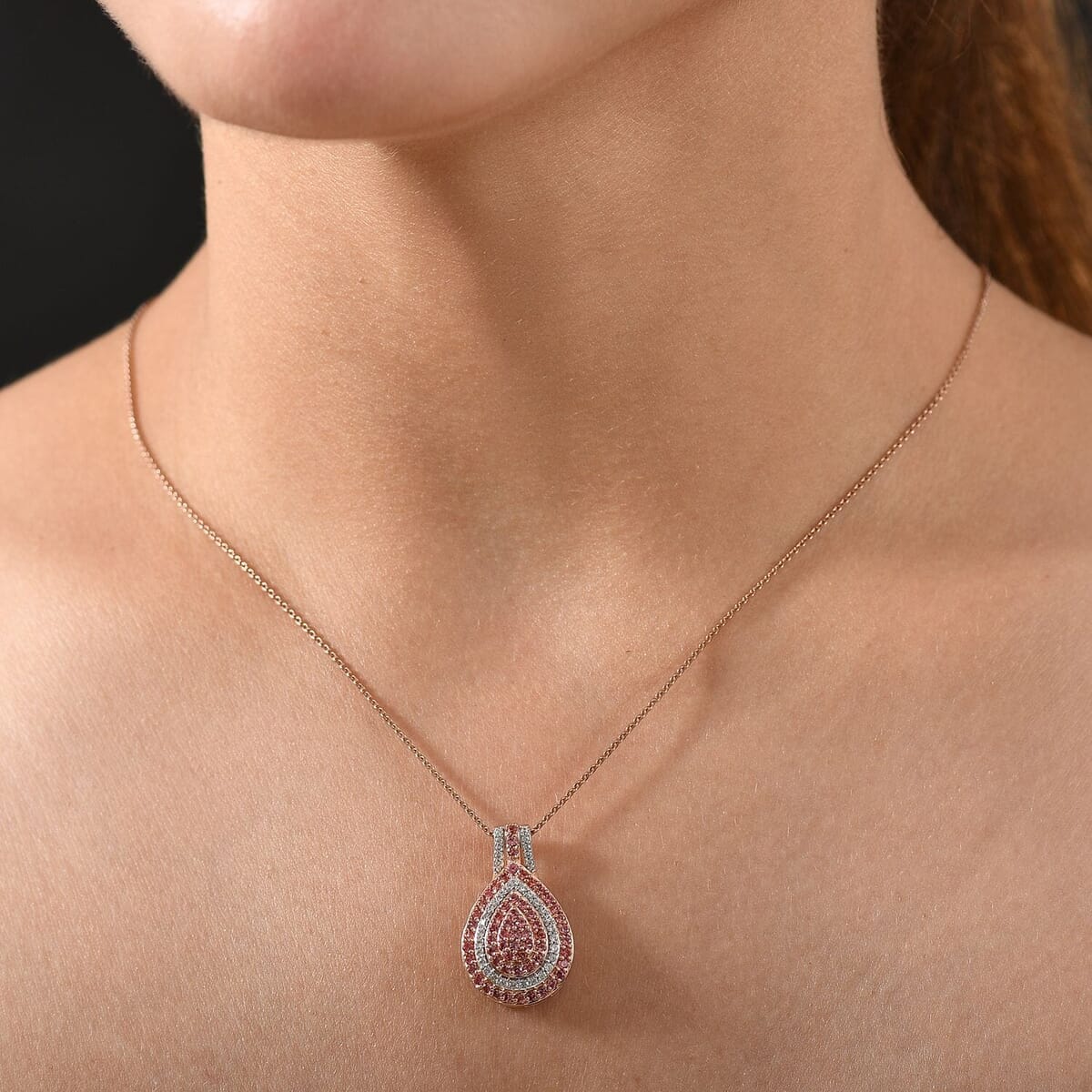 D'Joy AAA Padparadscha Sapphire and White Zircon 1.50 ctw Pendant Necklace 20 Inches in 18K Vermeil Rose Gold Over Sterling Silver  image number 2