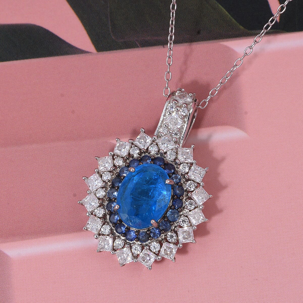 D'Joy Malgache Neon Apatite and Multi Gemstone 3.20 ctw Dahlia Bloom Pendant Necklace in Rhodium Over Sterling Silver 20 Inches  image number 1