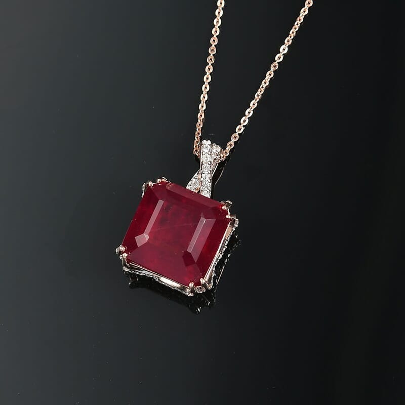 D'Joy Niassa Ruby (FF) and White Zircon 22.35 ctw Art-Deco Pendant Necklace 20 Inches in 18K Vermeil Rose Gold Over Sterling Silver