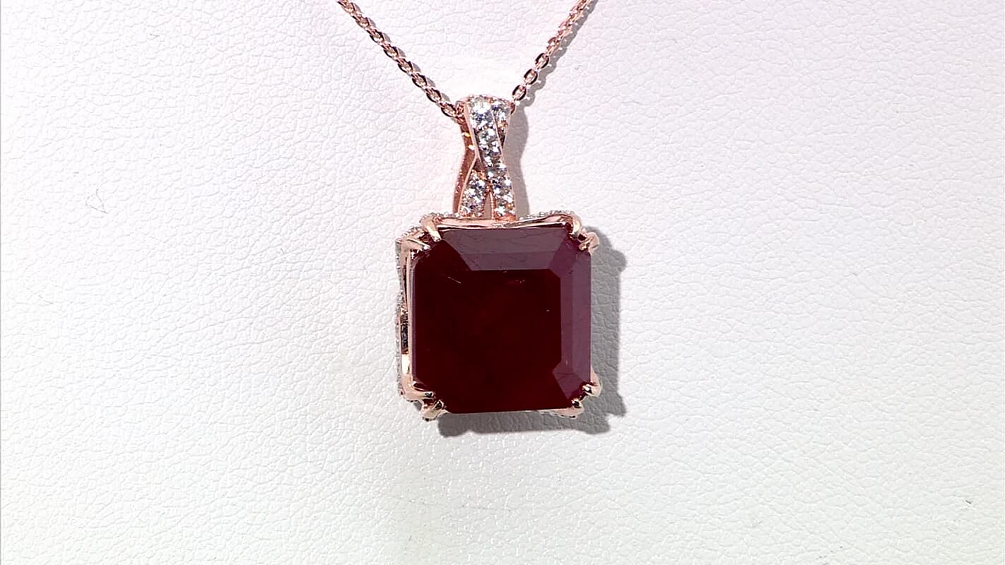 D'Joy Niassa Ruby (FF) and White Zircon 22.35 ctw Art-Deco Pendant Necklace 20 Inches in 18K Vermeil Rose Gold Over Sterling Silver