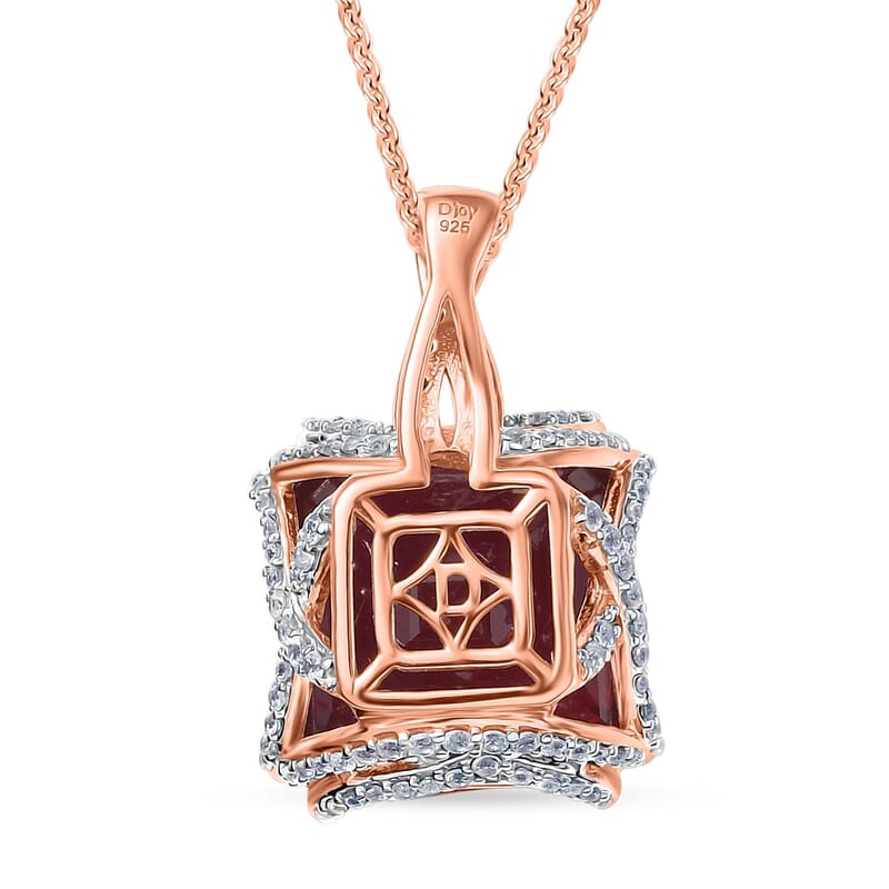 D'Joy Niassa Ruby (FF) and White Zircon 22.35 ctw Art-Deco Pendant Necklace 20 Inches in 18K Vermeil Rose Gold Over Sterling Silver