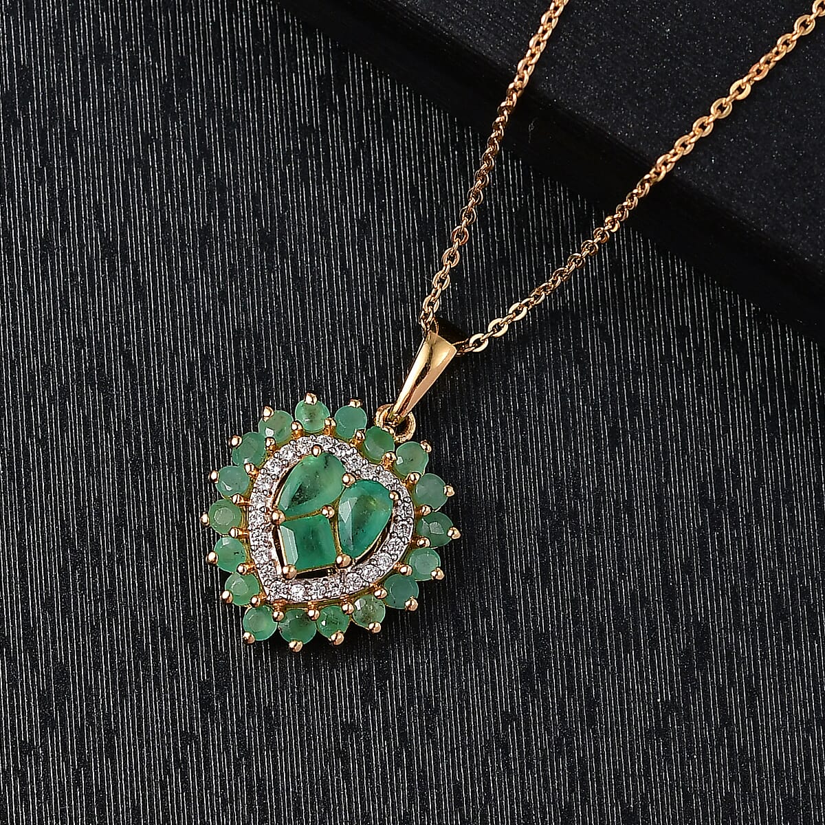 D'Joy Socoto Emerald and White Zircon 1.70 ctw Pendant Necklace in 18K Vermeil Yellow Gold Over Sterling Silver 20 Inches  image number 1