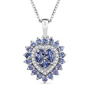 Tanzanite and White Zircon 1.70 ctw Pendant Necklace in Rhodium Over Sterling Silver 20 Inches 